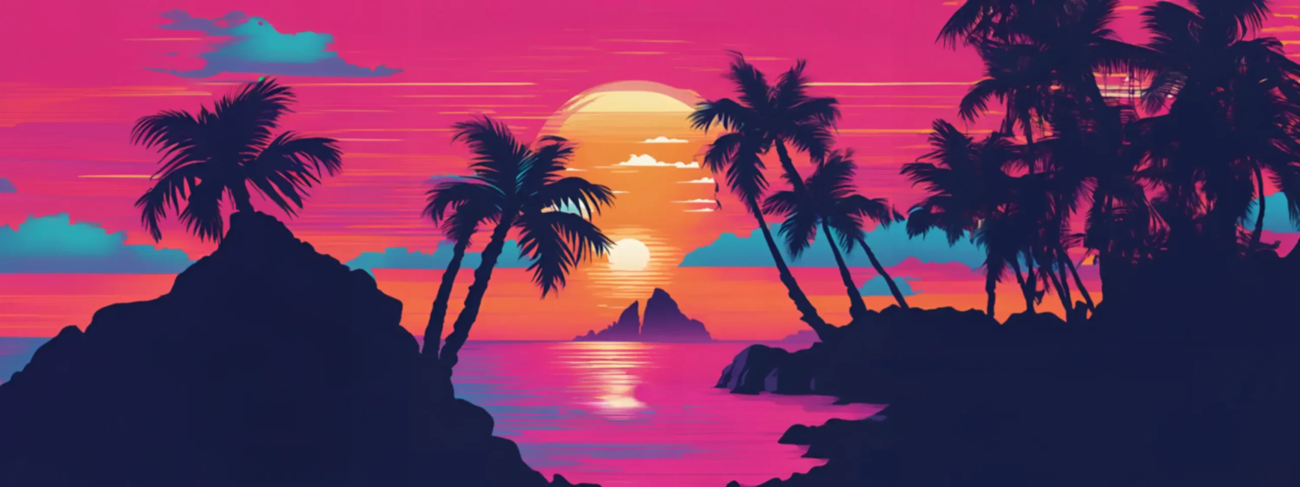 Image de fond de la page d'accueil - coucher de soleil, palmiers, les 2 frères